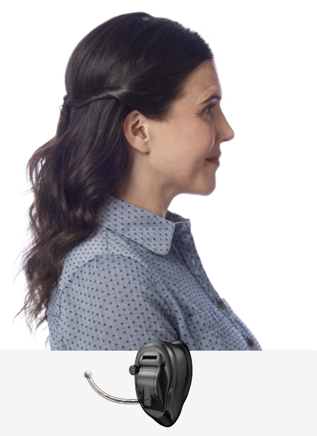 Side profile of a woman wearing Completely-in-Canal (CIC) Hearing Aids, invisible hearing aids